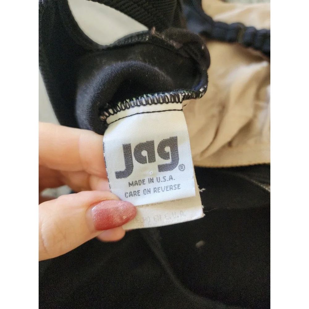 Jag Vintage High Cut One Piece Swimsuit Black Lime Green Ribbed Colorblock